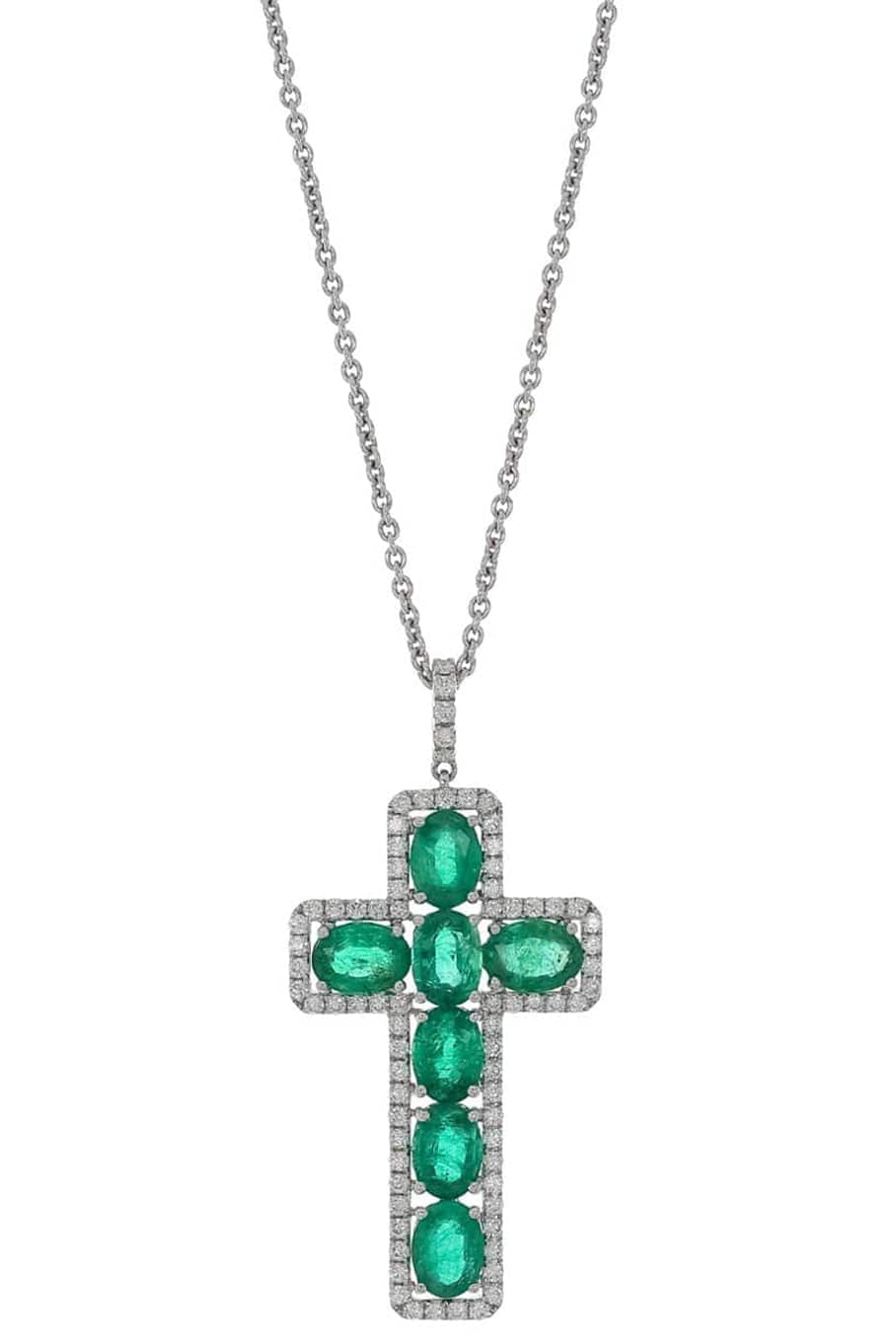 PIRANESI-Zambian Emerald and Diamond Cross Necklace-WHITE GOLD