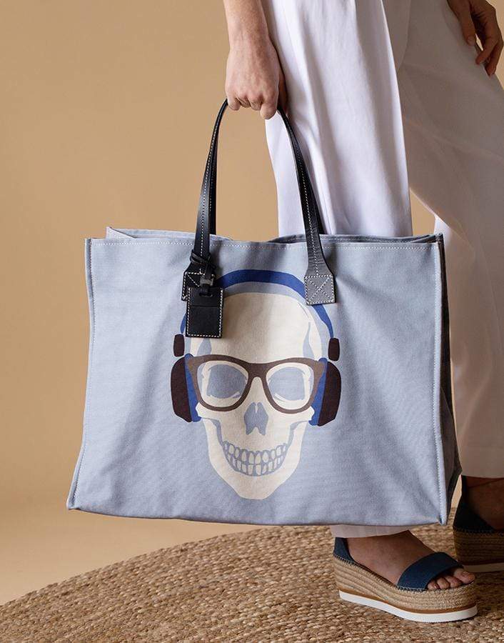 RANI ARABELLA-Skull Print Canvas Beach Bag-LT BLUE