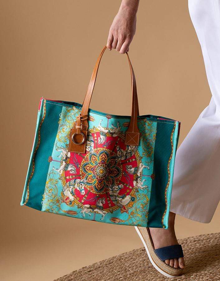 RANI ARABELLA-Turquoise Print Canvas Tote Bag-TURQ