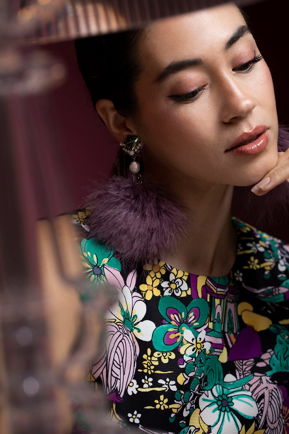 RANJANA KHAN-Muave Pom Marabou Feather Earrings-MAUVE