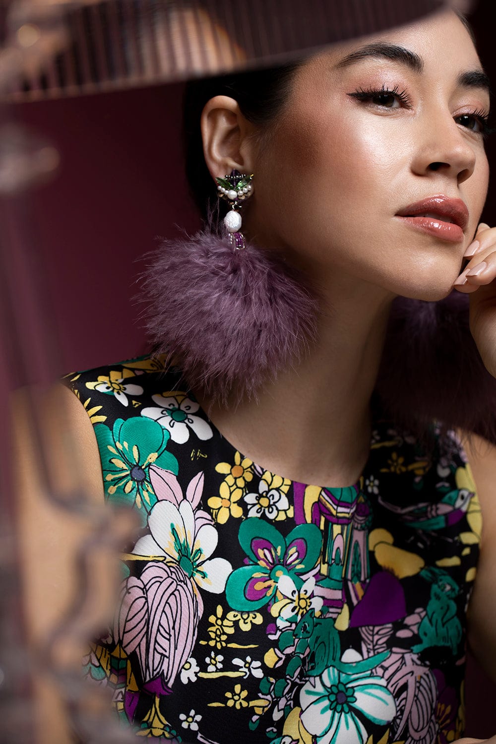 RANJANA KHAN-Muave Pom Marabou Feather Earrings-MAUVE