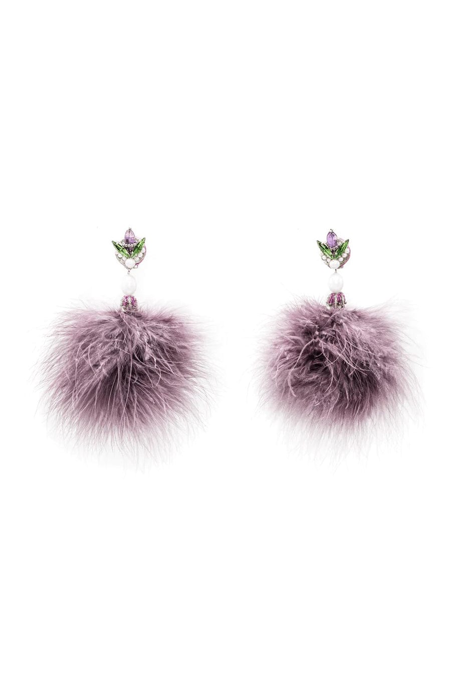 RANJANA KHAN-Muave Pom Marabou Feather Earrings-MAUVE