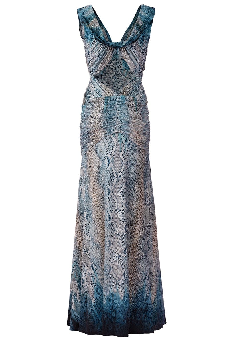 ROBERTO CAVALLI-Python Print Sleeveless Long Dress-BLUE