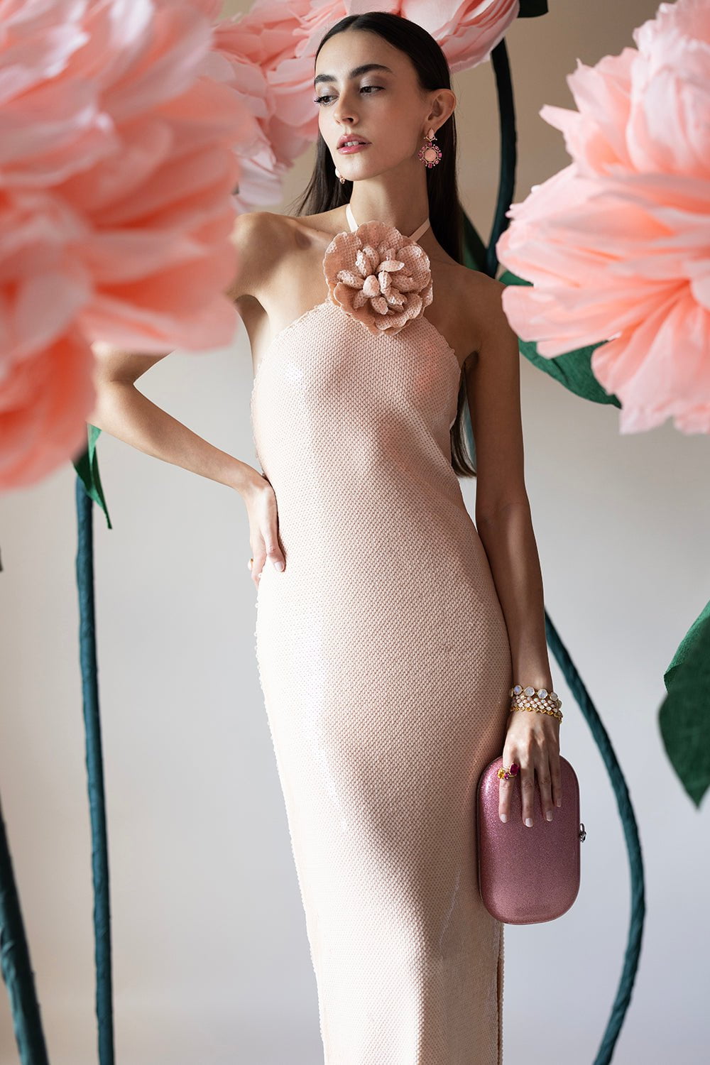 RODARTE-Flower Detail Sequin Halter Gown-