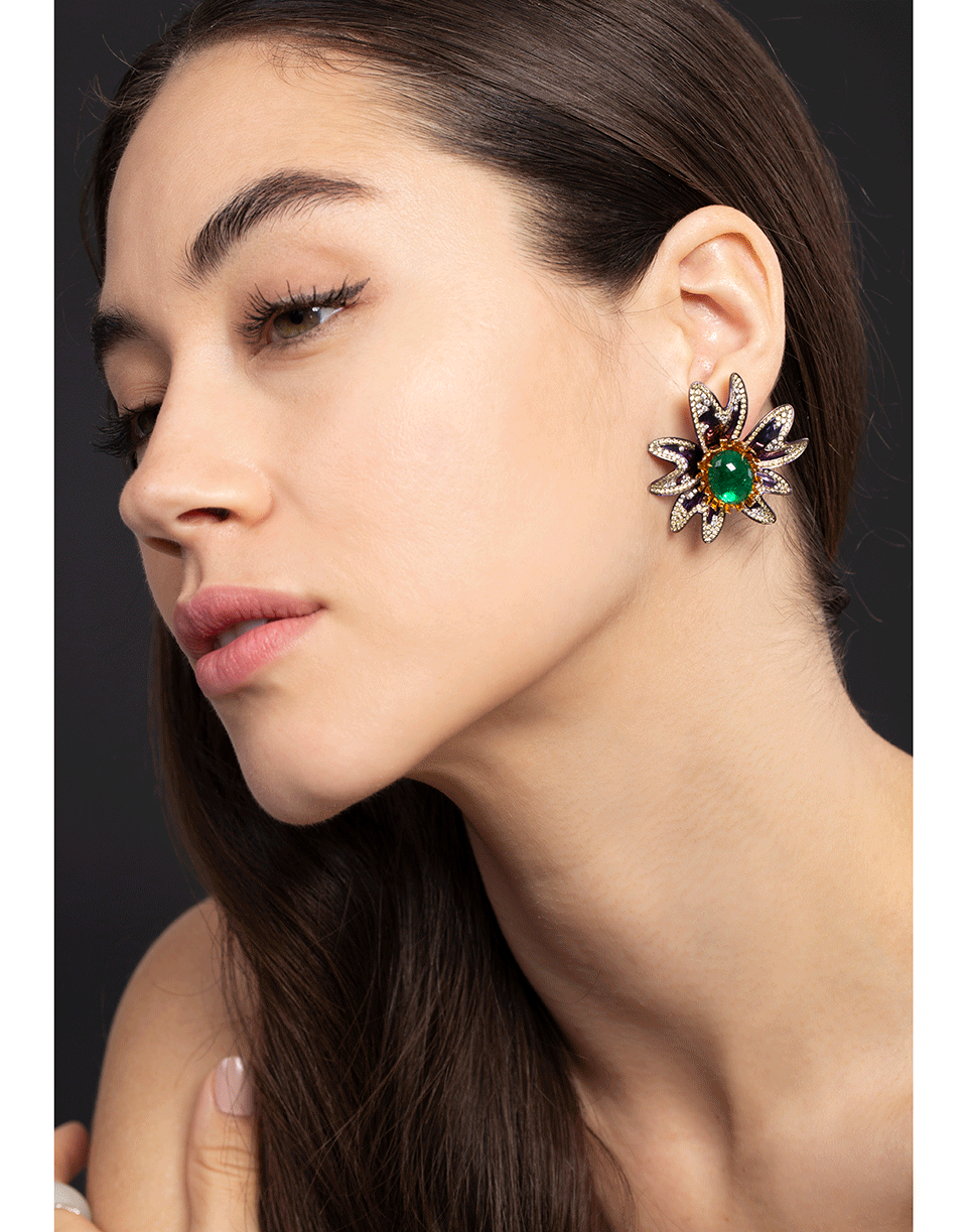 SABOO FINE JEWELS-Emerald and Diamond Flower Earrings-TITANIUM
