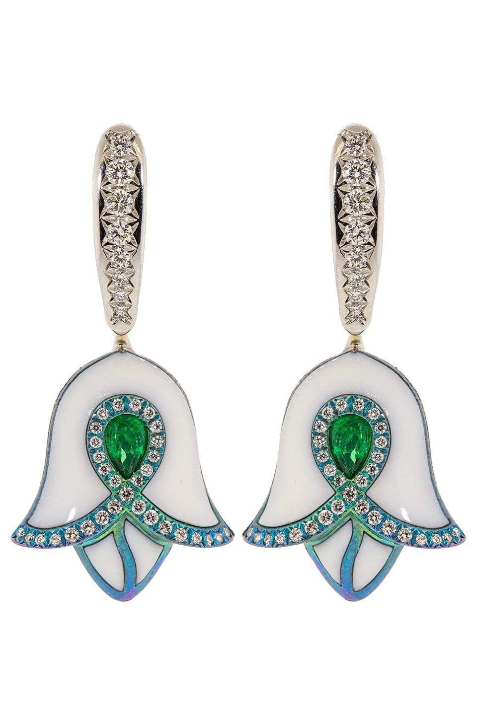 SABOO FINE JEWELS-Emerald, Diamond, and Titanium Drop Earrings-TITANIUM