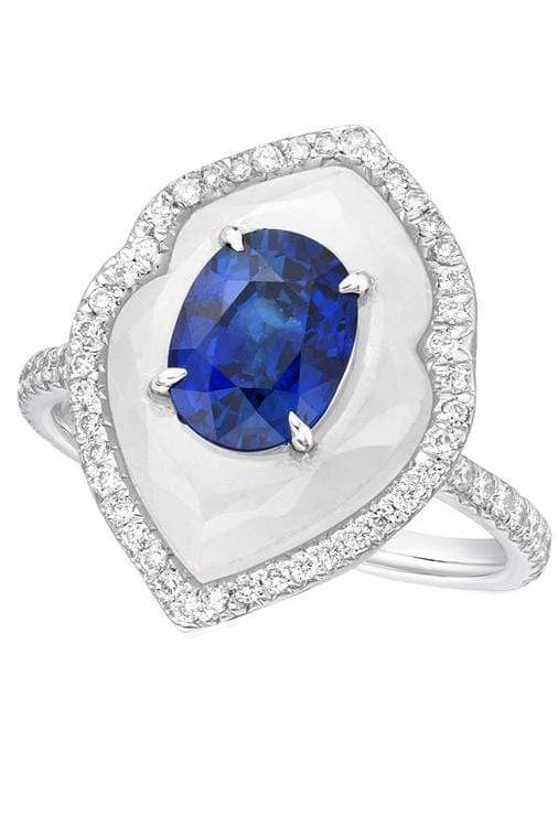 SABOO FINE JEWELS-Oval Sapphire, White Jade and Diamond Ring-WHITE GOLD