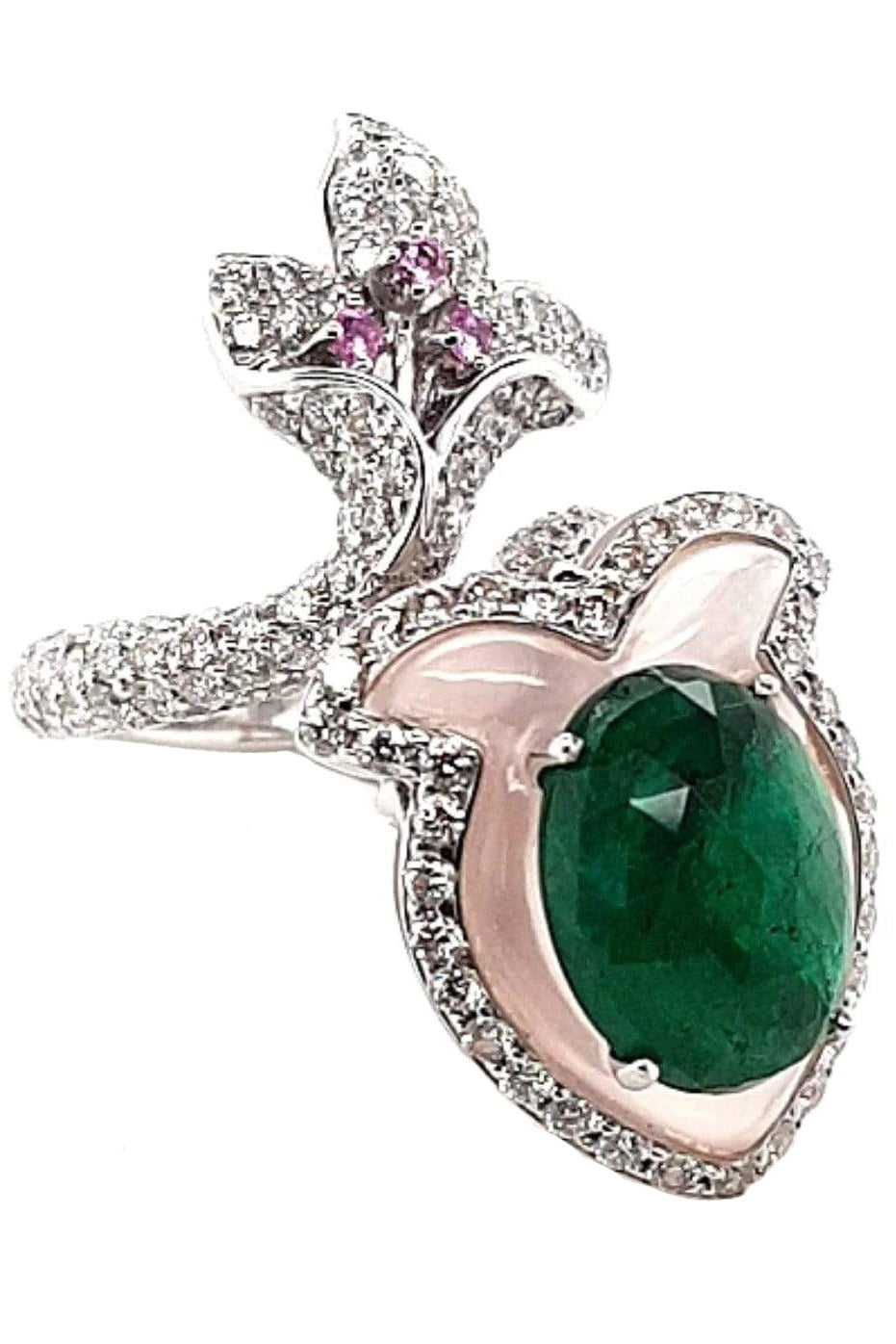SABOO FINE JEWELS-Aura Emerald and Diamond Flower Ring-WHITE GOLD