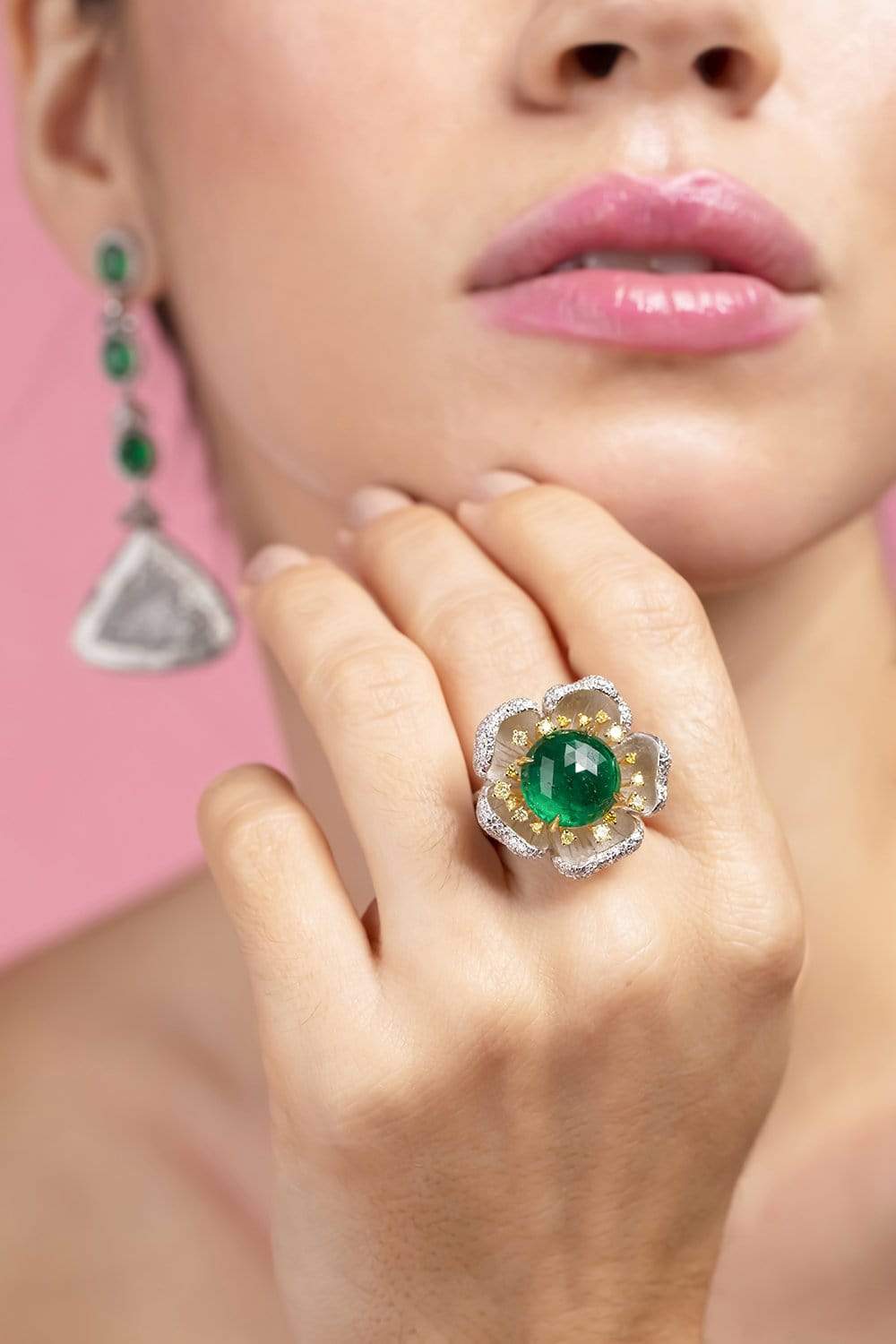 SABOO FINE JEWELS-Royalle Emerald Flower Ring-WHITE GOLD