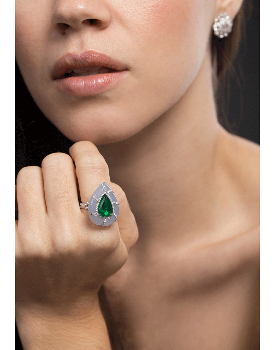 SABOO FINE JEWELS-Pear Shape Emerald and Chalcedony Ring-WHITE GOLD