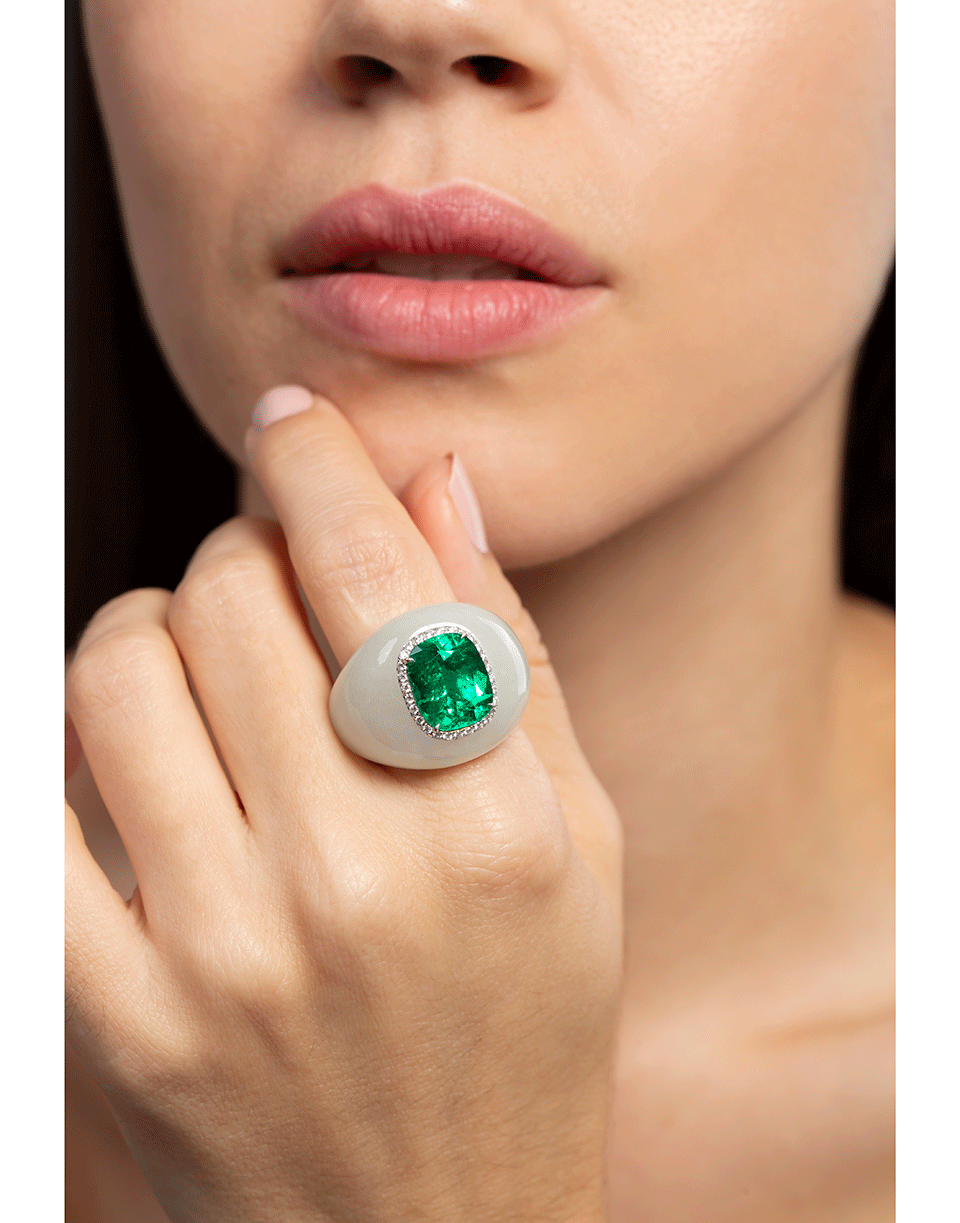 SABOO FINE JEWELS-White Jade Ring with Emerald Center-WHITE GOLD