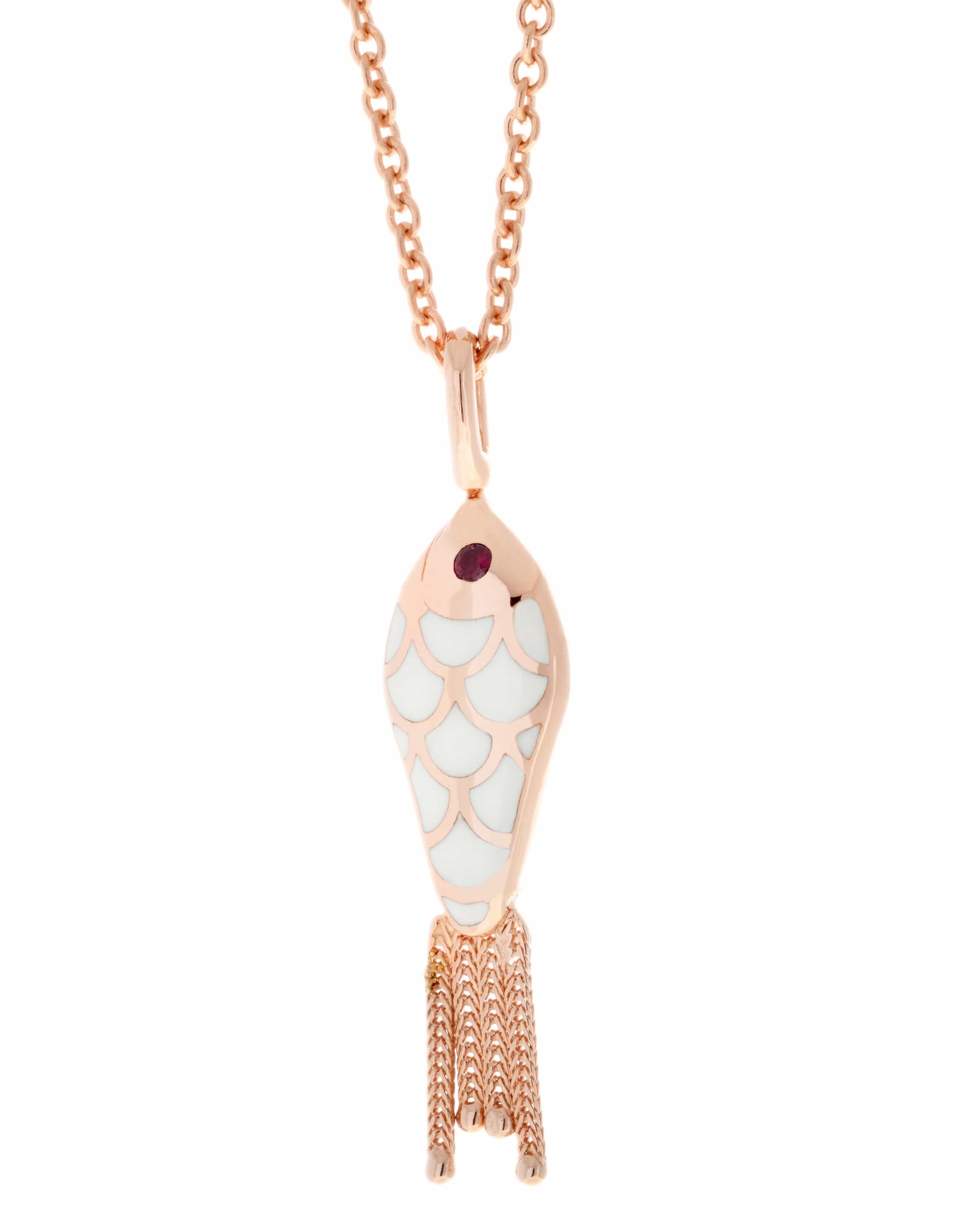 SELIM MOUZANNAR-Ruby and Diamond White Enamel Fish Pendant Necklace-ROSE GOLD