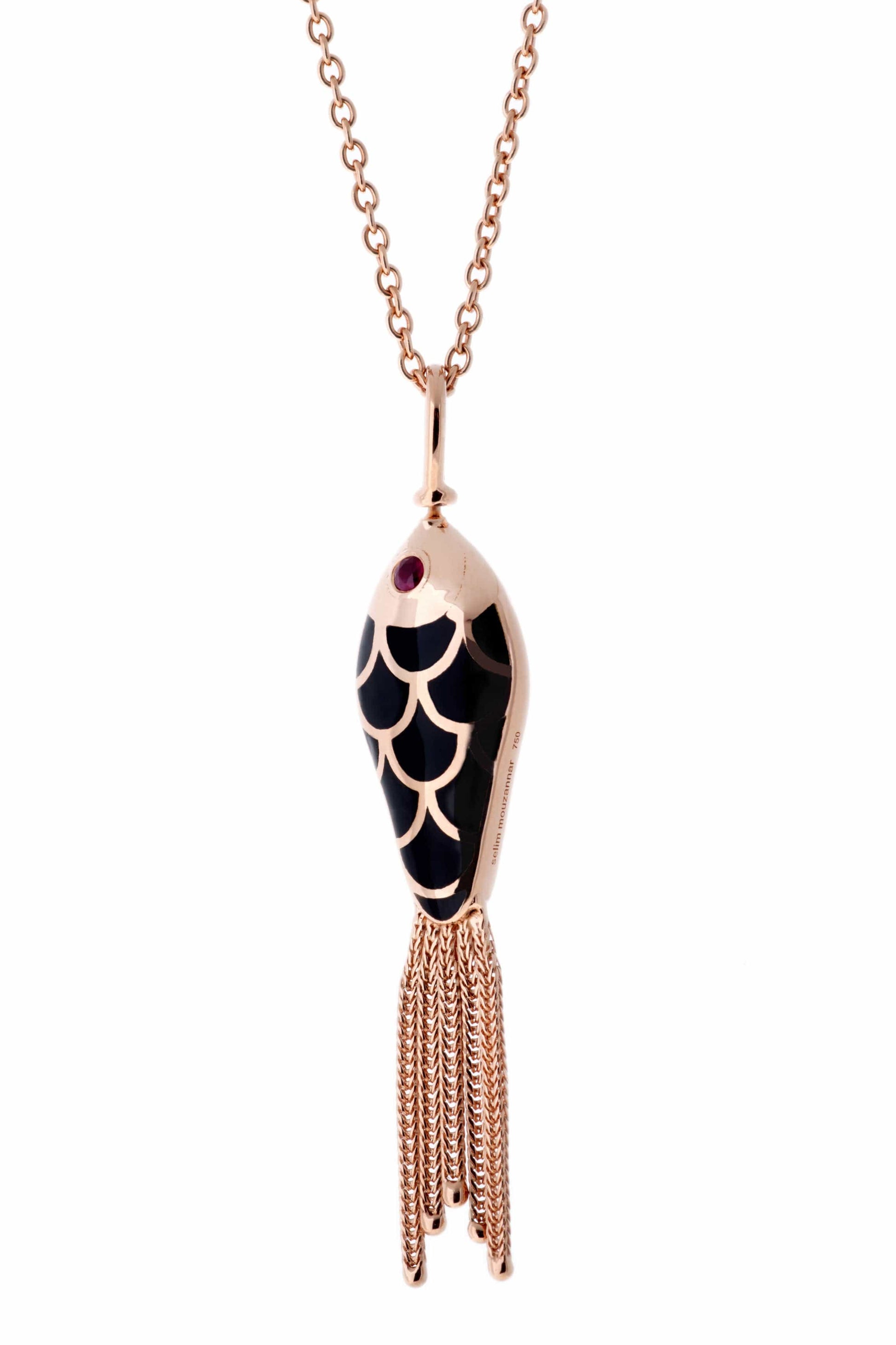 SELIM MOUZANNAR-White and Black Enamel Fish Pendant Necklace-ROSE GOLD