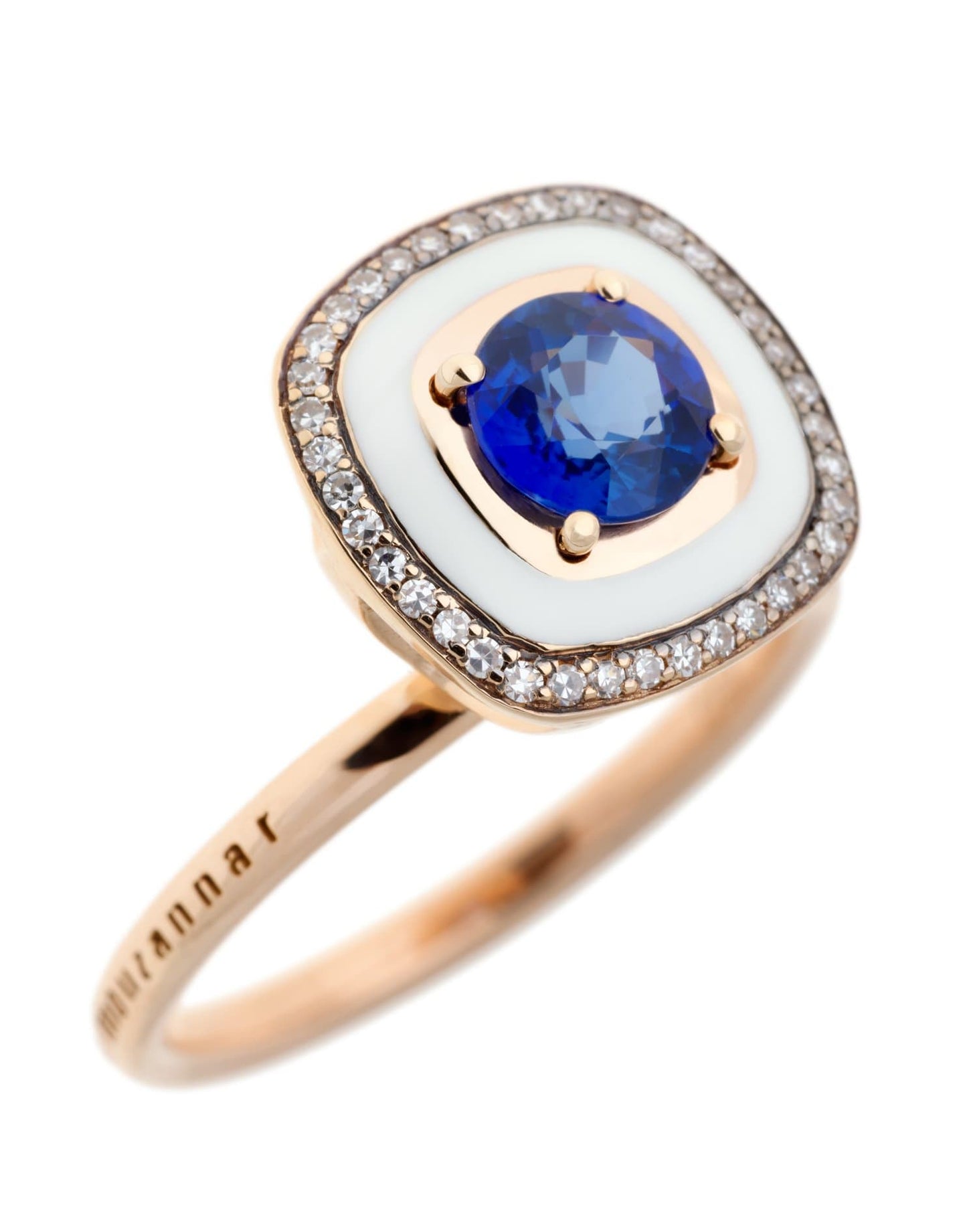 SELIM MOUZANNAR-Blue Sapphire, Diamond, and White Enamel Ring-ROSE GOLD