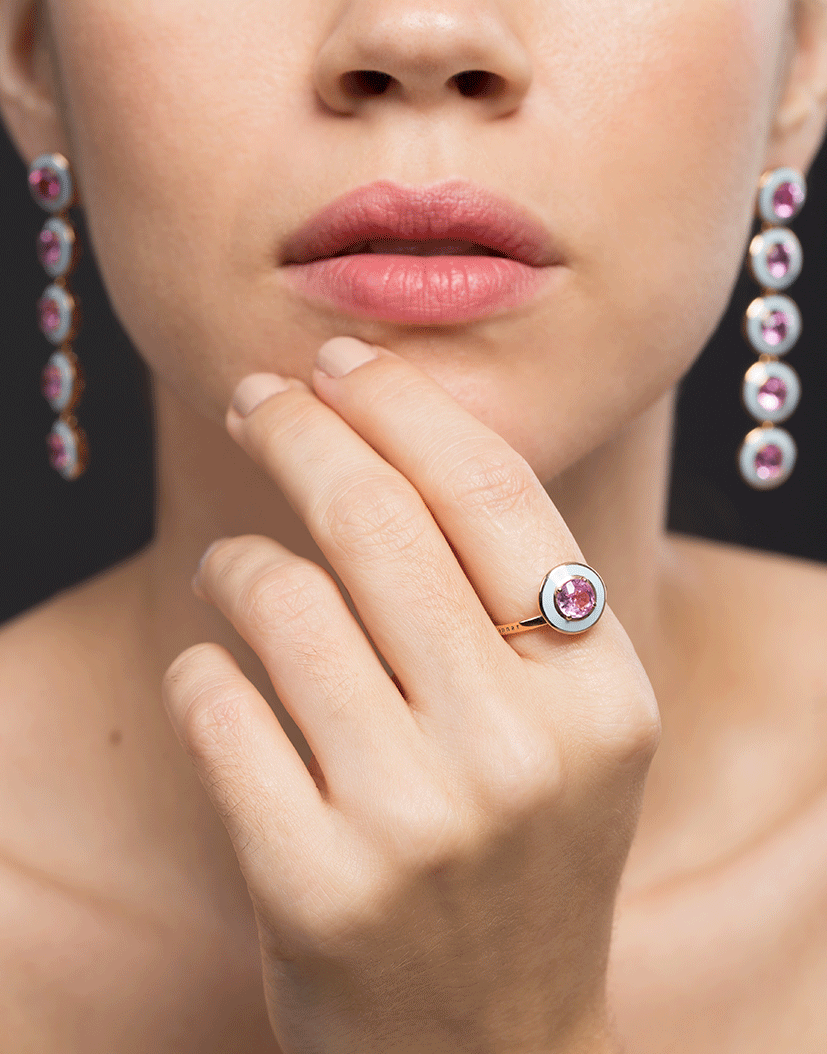 SELIM MOUZANNAR-Pink Sapphire and Blue Enamel Ring-ROSE GOLD