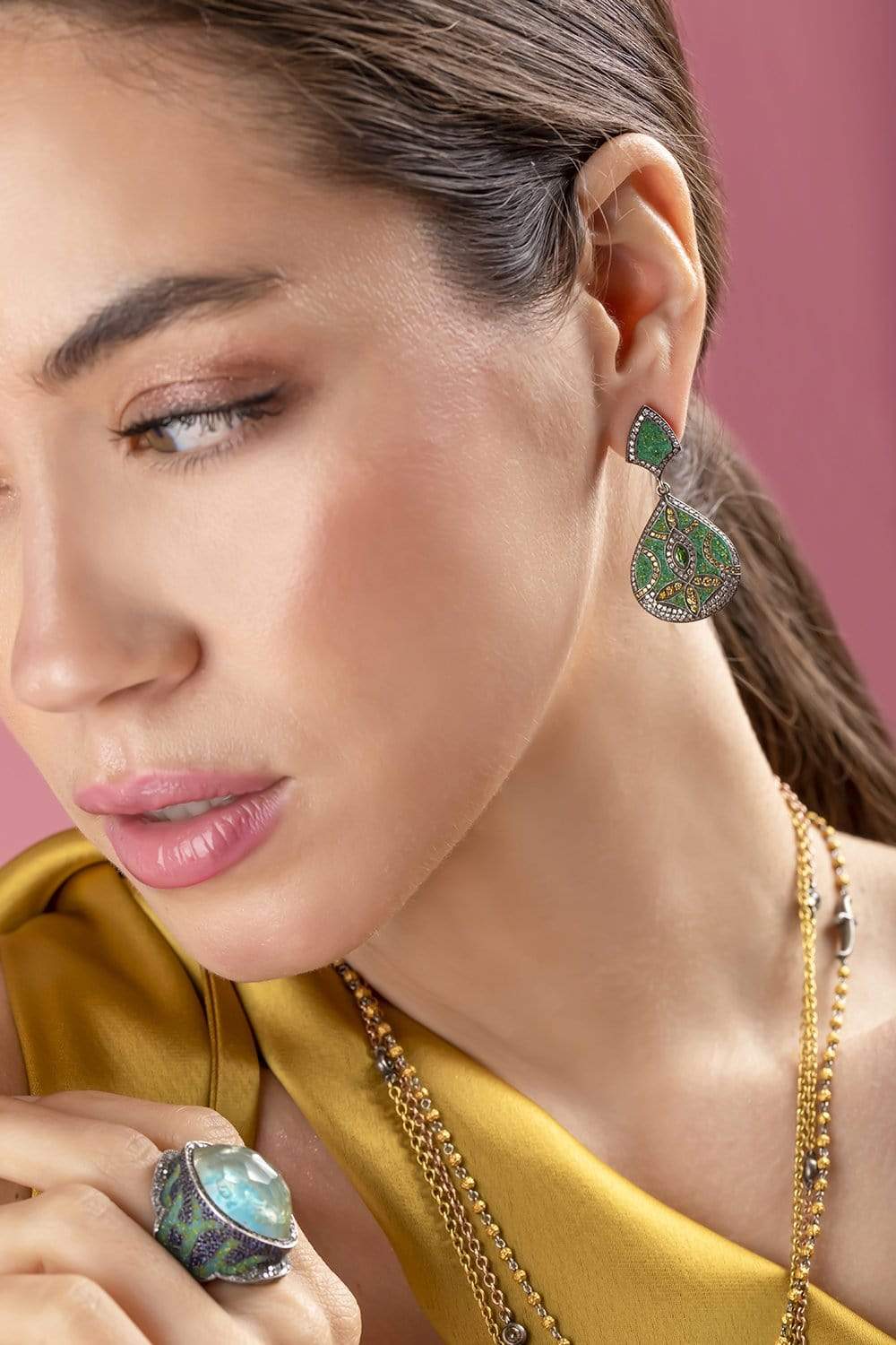 SEVAN BICAKCI-Micro Mosaic Turquoise and Garnet Drop Earrings-YELLOW GOLD