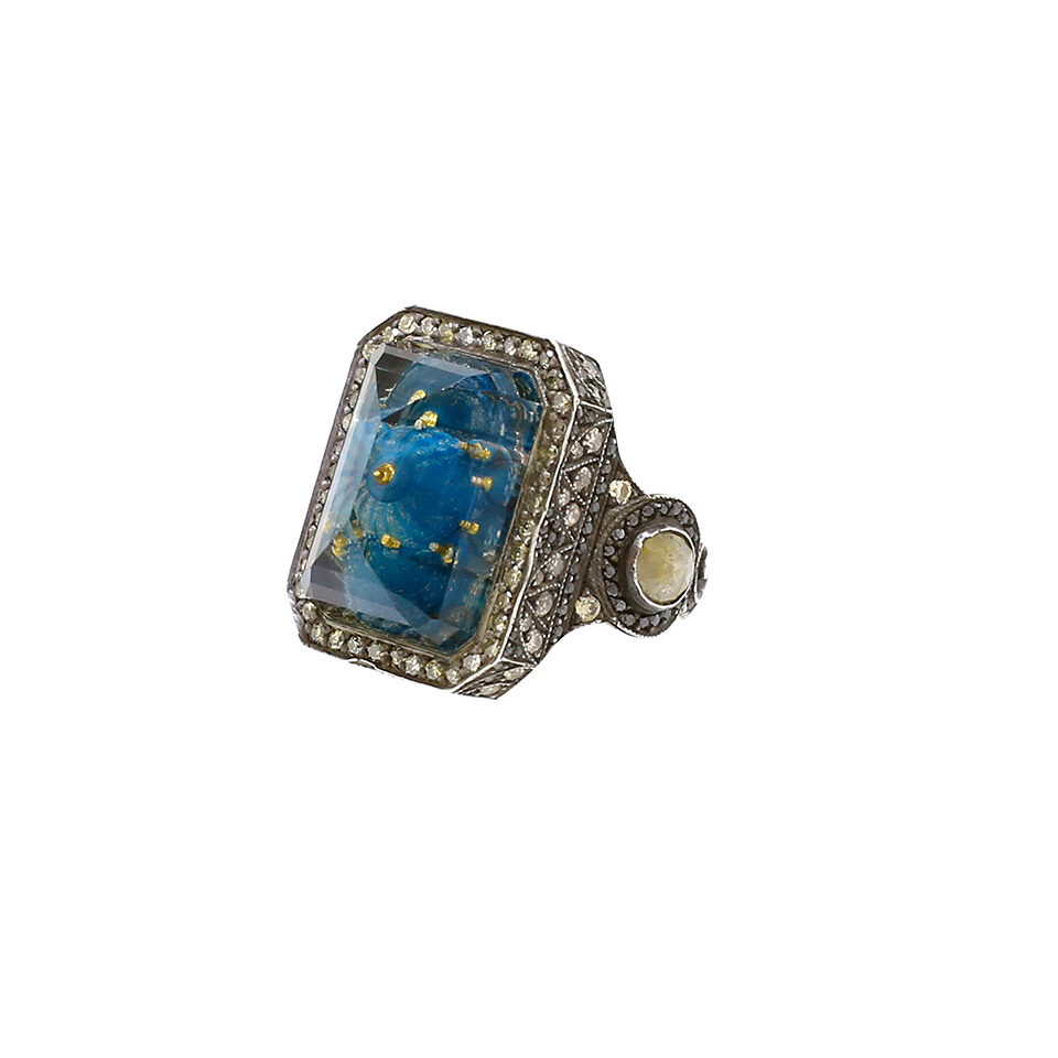 SEVAN BICAKCI-Carved Blue Mosque Rock Quartz Diamond Ring-YELLOW GOLD