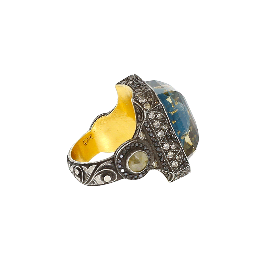 SEVAN BICAKCI-Carved Blue Mosque Rock Quartz Diamond Ring-YELLOW GOLD