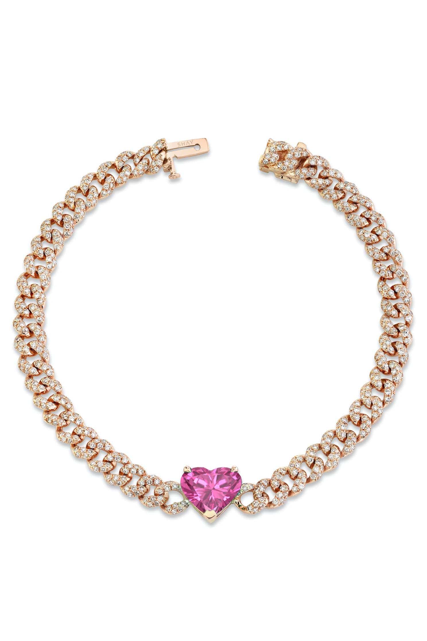 SHAY JEWELRY-Pink Sapphire Heart Pave Mini Link Bracelet-ROSE GOLD