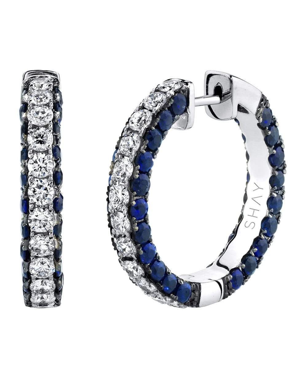 SHAY JEWELRY-Blue Sapphire and Diamond Three Sided Hoops-WHITE GOLD