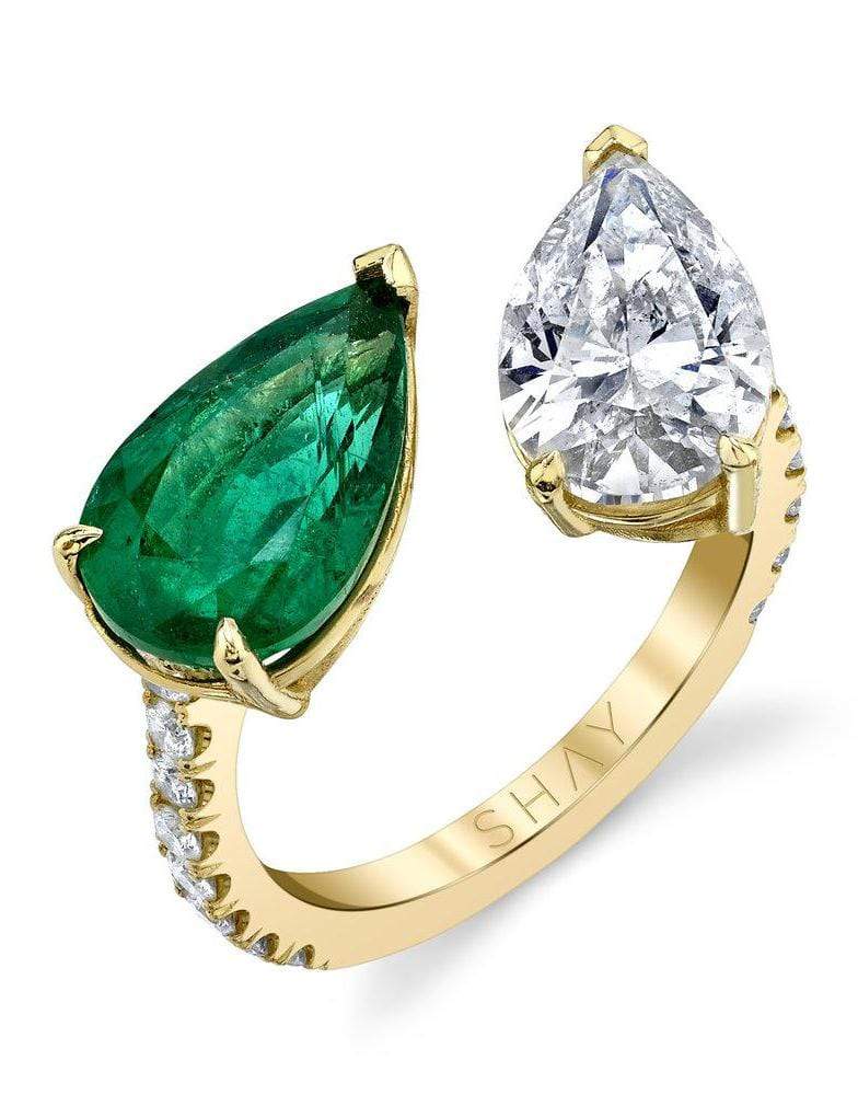 SHAY JEWELRY-Emerald and Diamond Twin Pear Ring-YELLOW GOLD