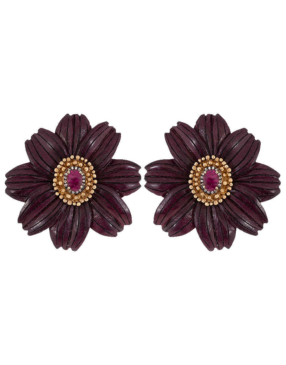 SILVIA FURMANOVICH-Sculptural Botanical Purple Carved Wood Flower Earrings-ROSE GOLD