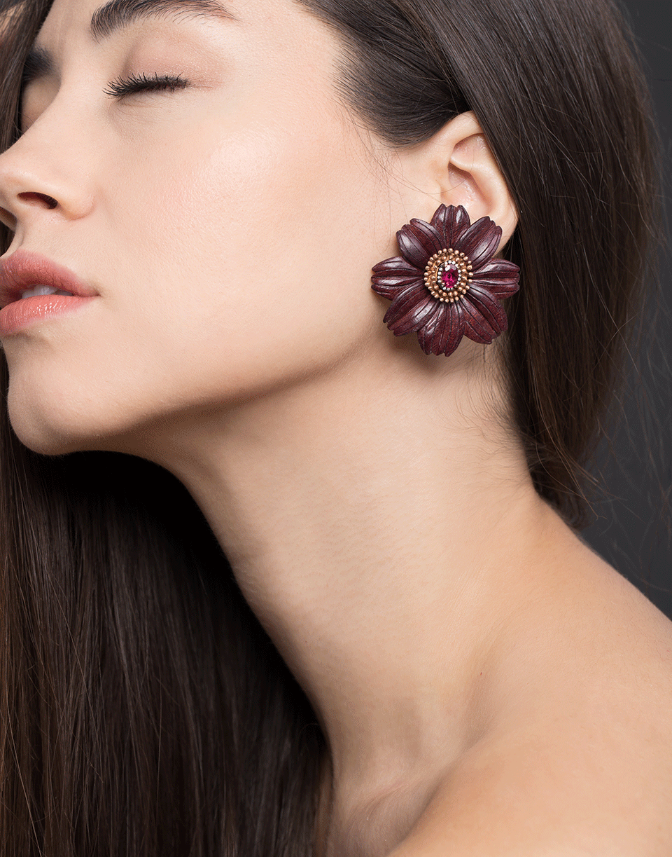 SILVIA FURMANOVICH-Sculptural Botanical Purple Carved Wood Flower Earrings-ROSE GOLD