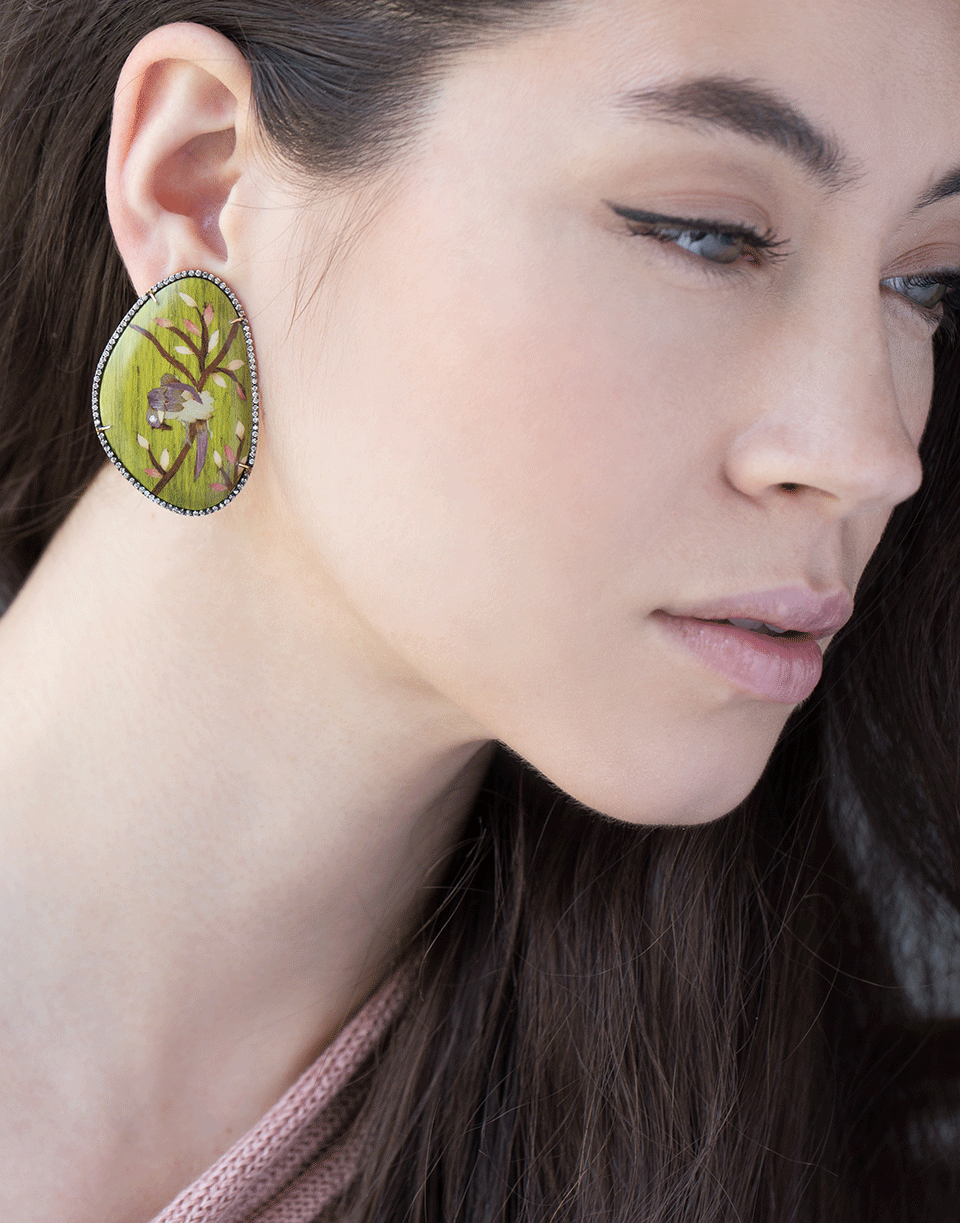 SILVIA FURMANOVICH-Green Bird Marquetry Earrings-YELLOW GOLD