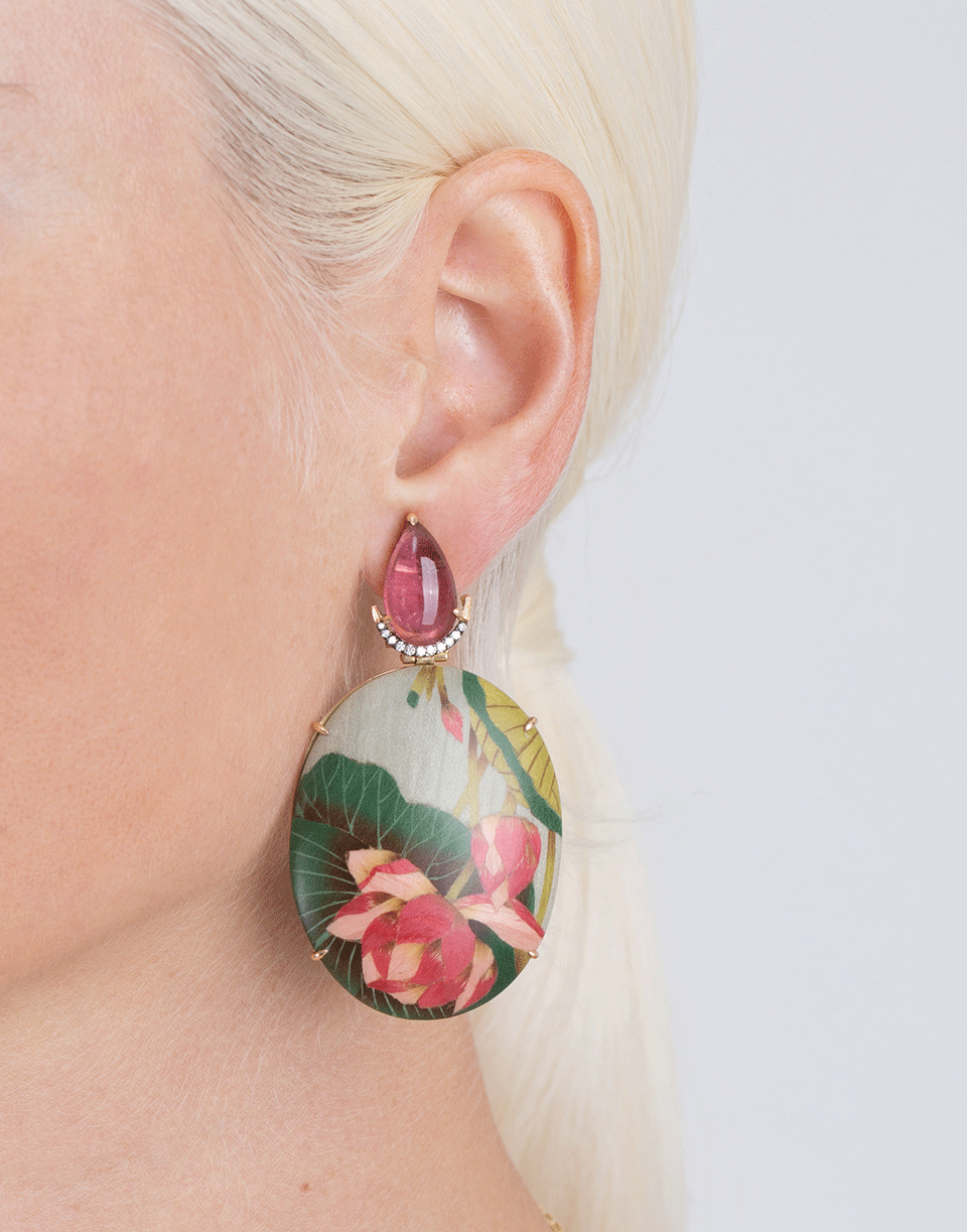 SILVIA FURMANOVICH-Marquetry Oval Pink Flower Earrings-YELLOW GOLD