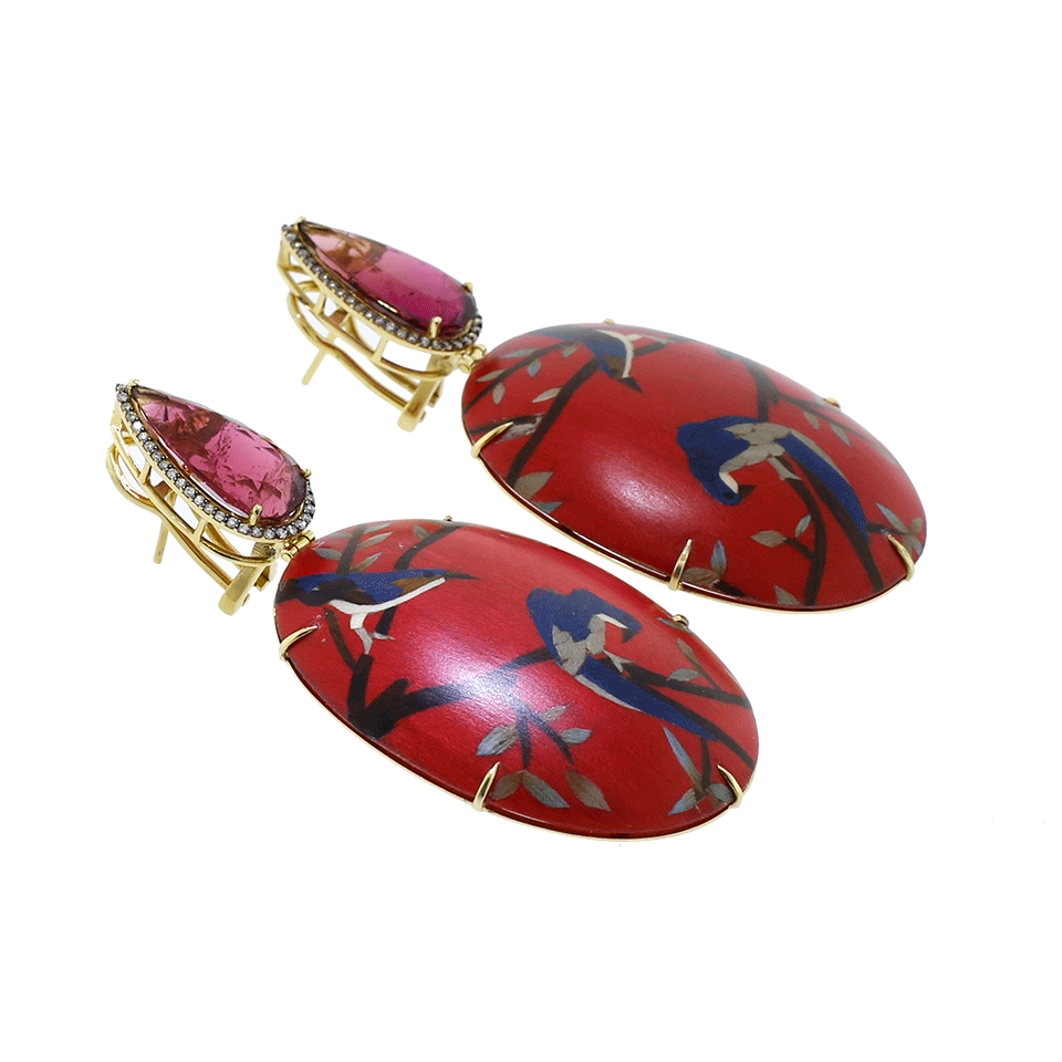 SILVIA FURMANOVICH-Marquetry Red Bird Oval Earrings-YELLOW GOLD