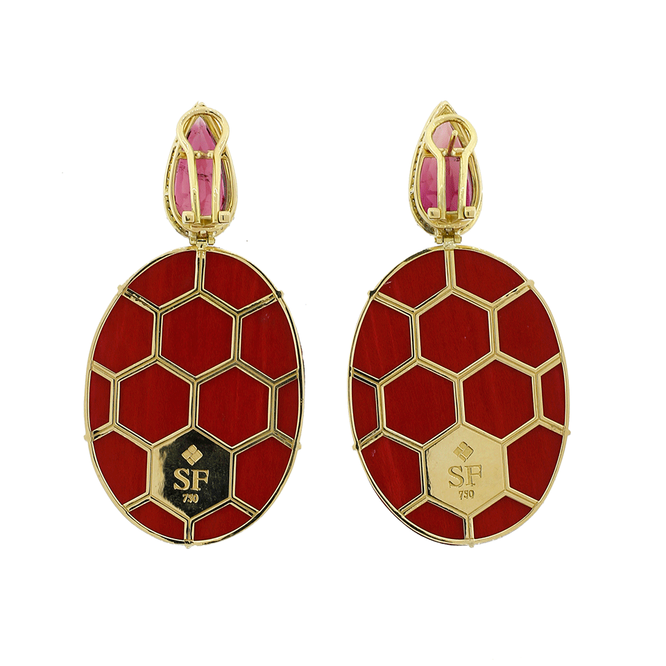 SILVIA FURMANOVICH-Marquetry Red Bird Oval Earrings-YELLOW GOLD