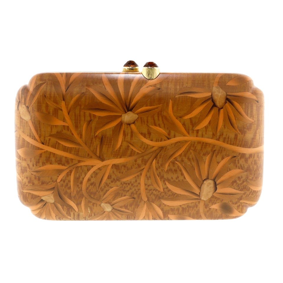 SILVIA FURMANOVICH-Marquetry Brown Floral Clutch-YELLOW GOLD