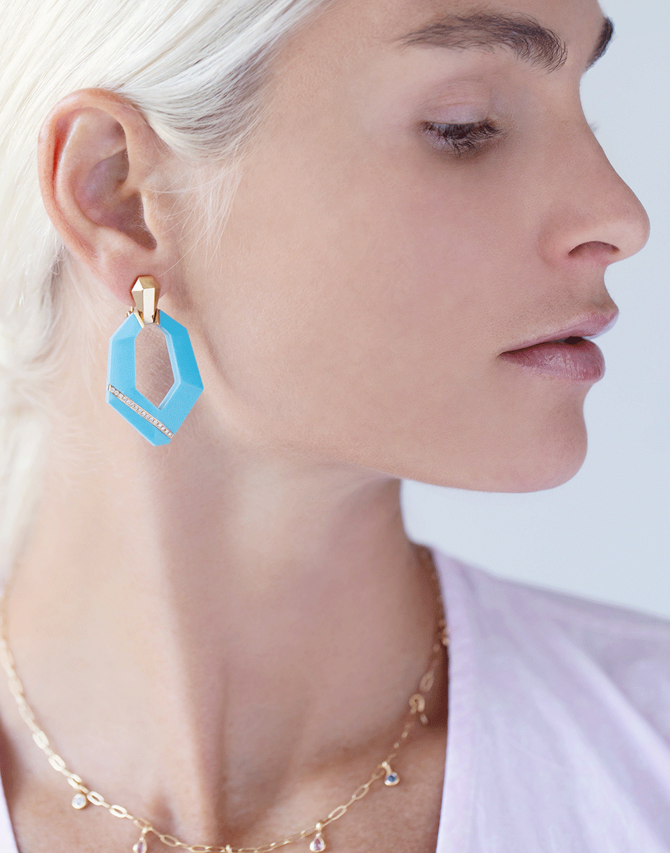 SORELLINA-Turquoise and Diamond Door Knocker Earrings-YELLOW GOLD