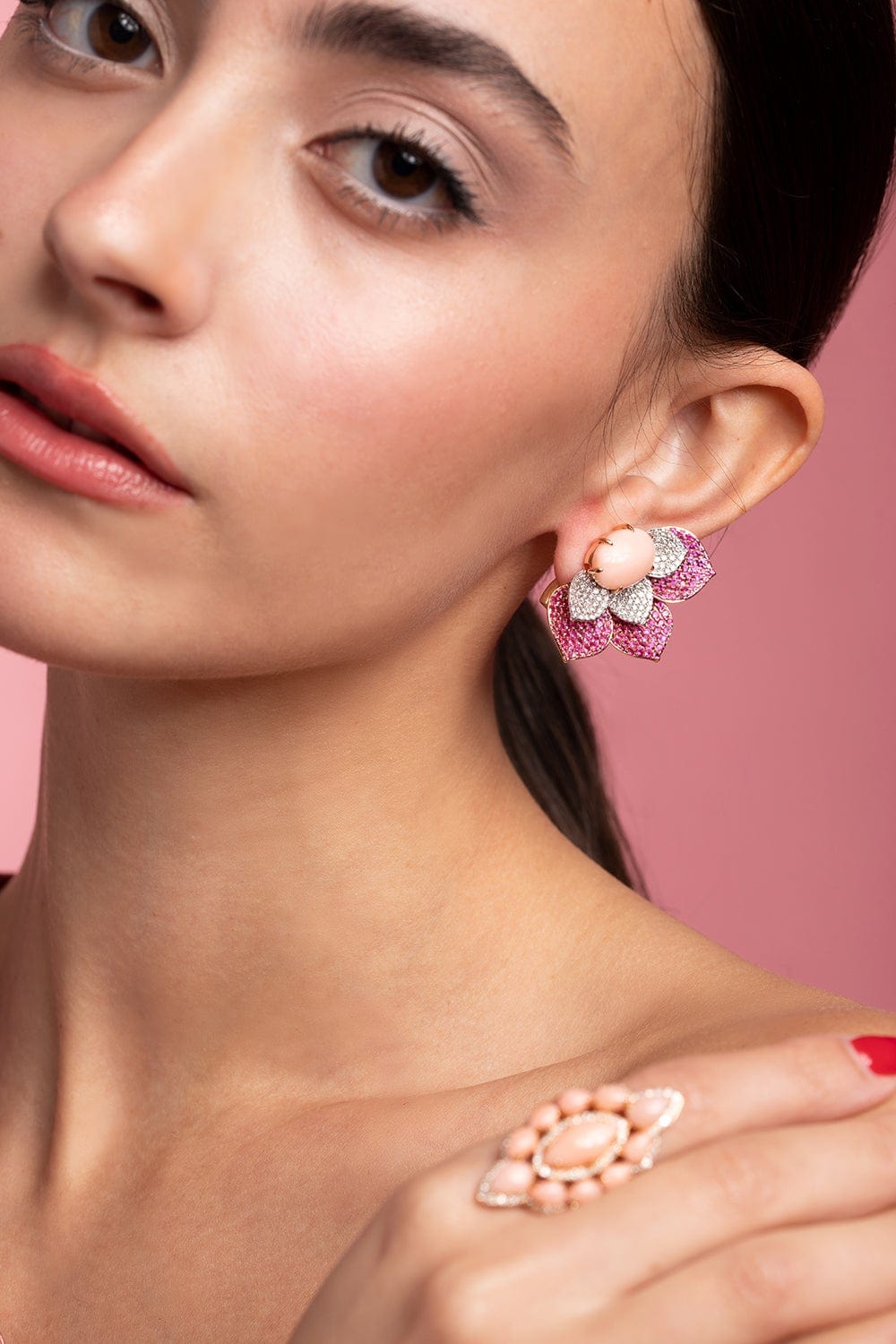 SUTRA-Vintage Angel Skin Coral and Pink Sapphire Kashmir Earrings-ROSE GOLD