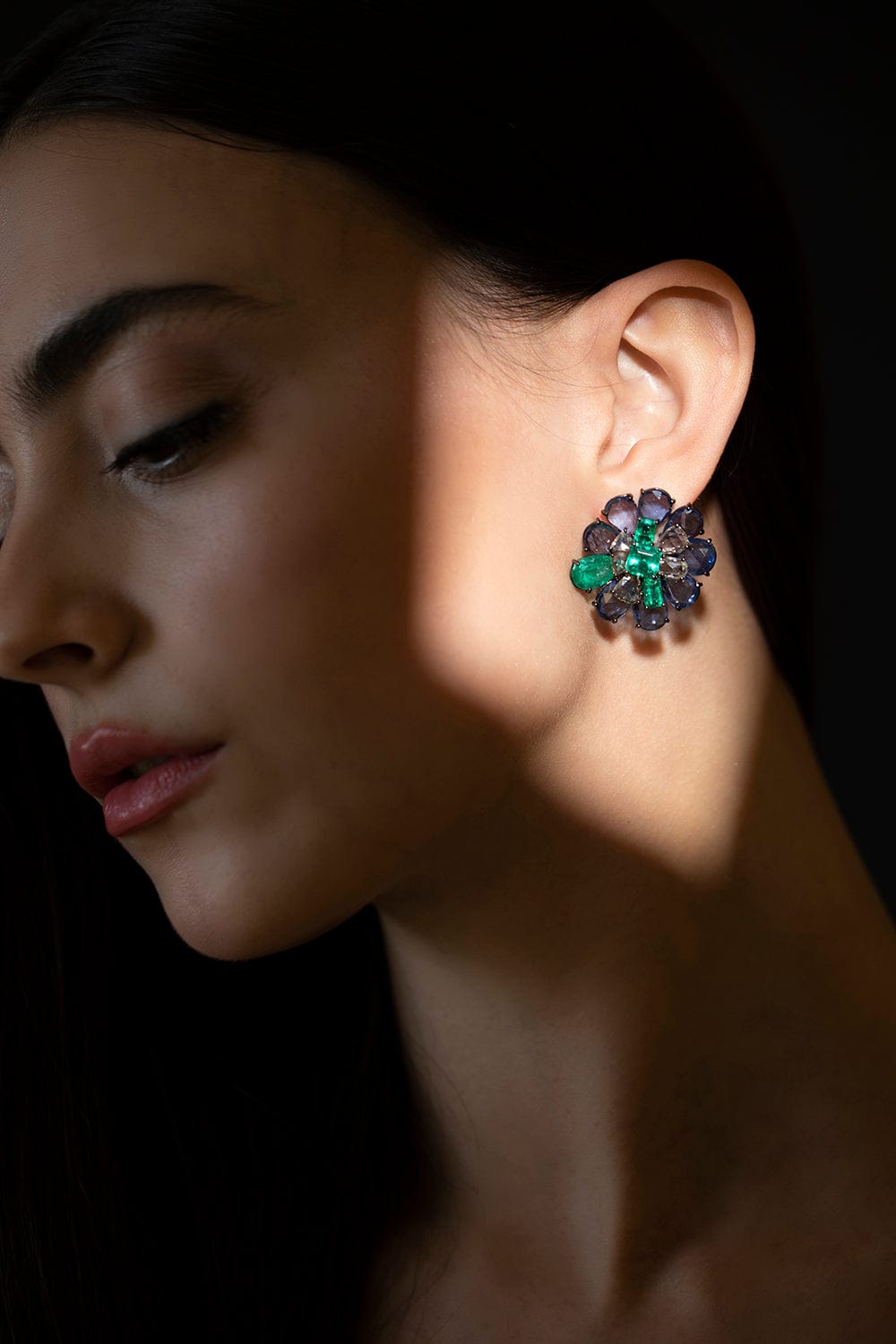 SUTRA-Emerald Blue Sapphire Flower Earrings-WHITE GOLD
