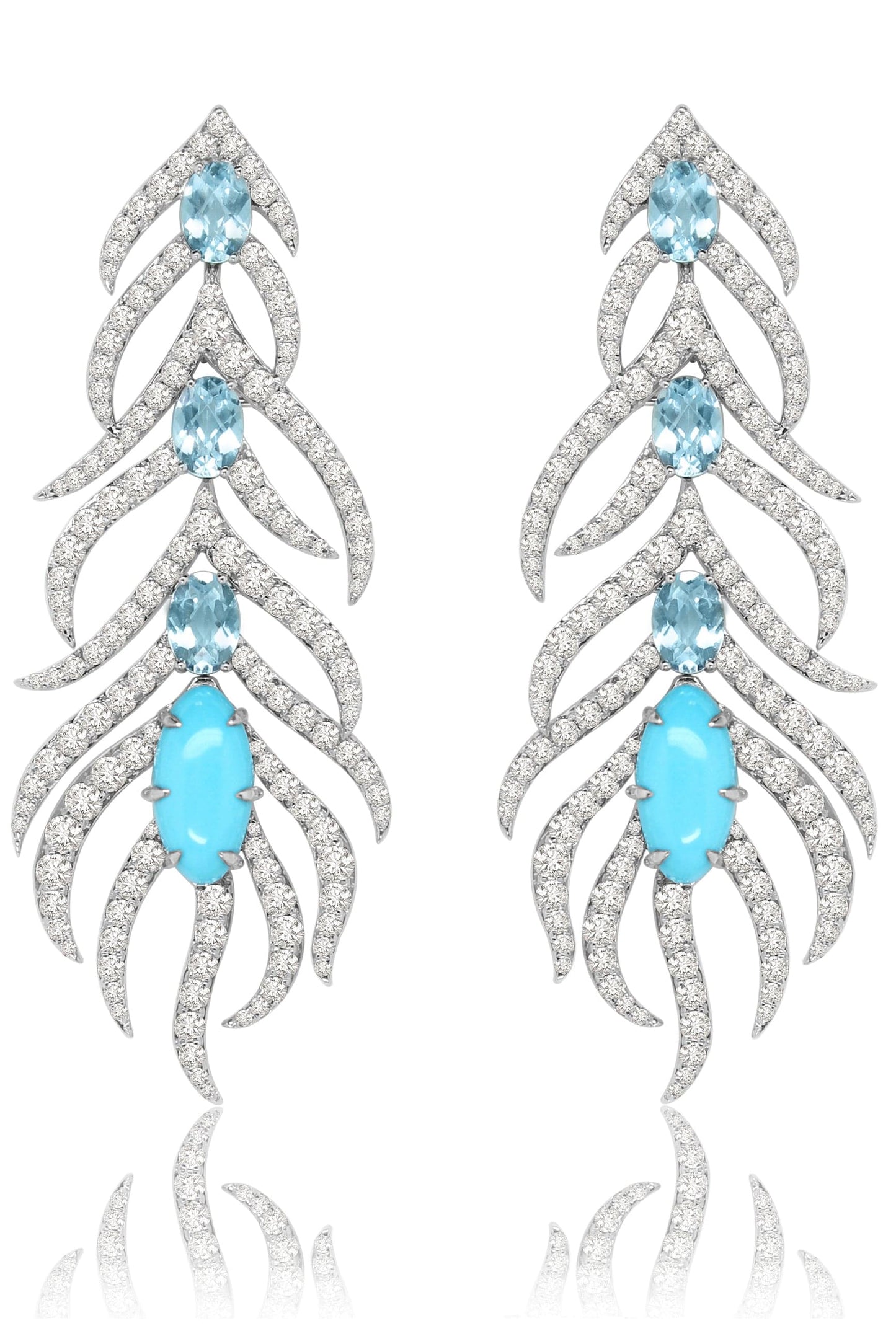 SUTRA-Turquoise and Sky Topaz Feather Earrings-WHITE GOLD
