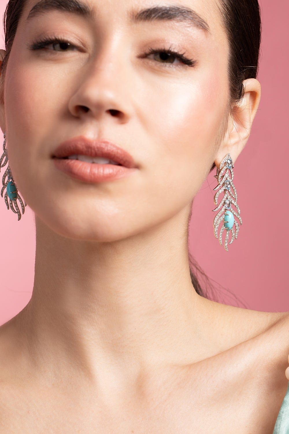 SUTRA-Turquoise and Sky Topaz Feather Earrings-WHITE GOLD