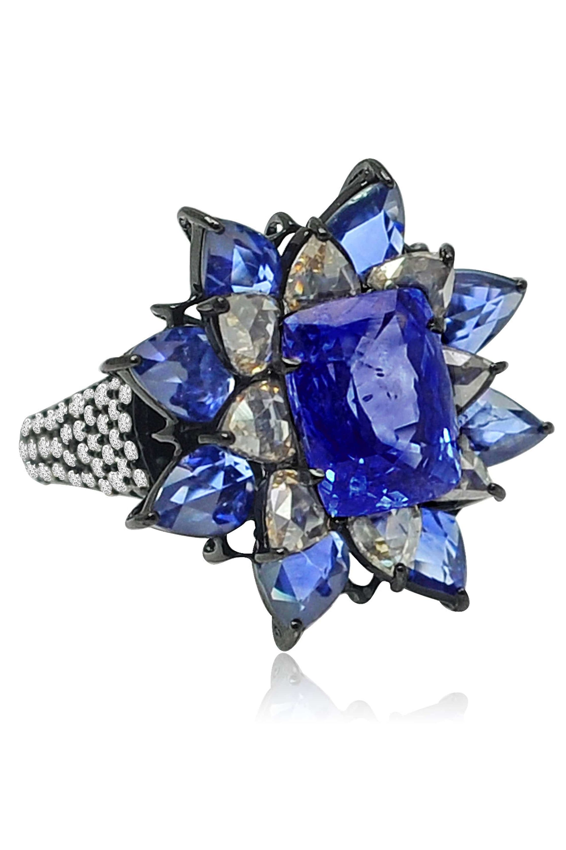 SUTRA-Blue Sapphire Flower Ring-BLKGOLD