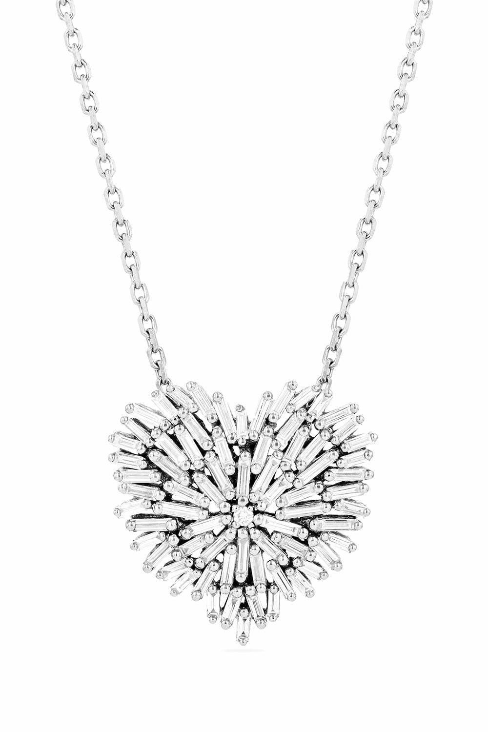 SUZANNE KALAN-Medium Diamond Baguette Heart Necklace-WHITE GOLD