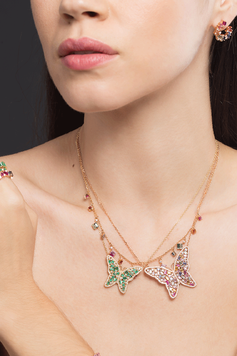 SUZANNE KALAN-Medium Emerald Butterfly Necklace-YELLOW GOLD