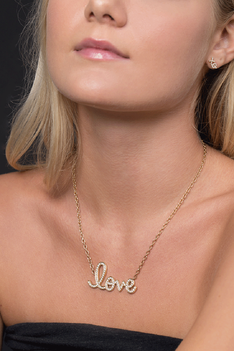 SYDNEY EVAN-Large Diamond Pave Love Script Necklace-YELLOW GOLD