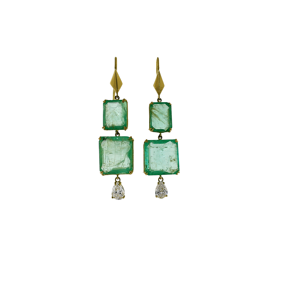 SYLVA & CIE-Emerald and Pear Shape Diamond Earrings-YELLOW GOLD