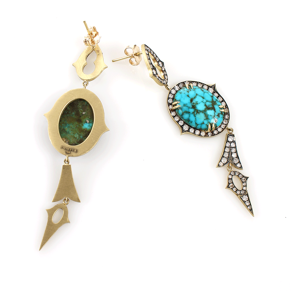 SYLVA & CIE-Kingman Turquoise And Diamond Drop Earrings-YELLOW GOLD