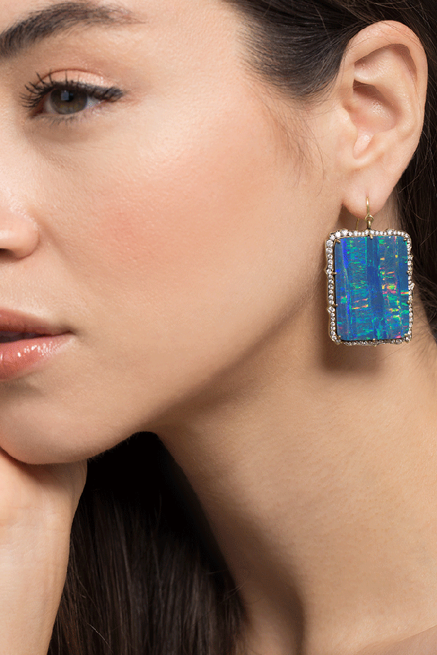 SYLVA & CIE-Opal and Round Brilliant Cut Diamond Drop Earrings-YELLOW GOLD