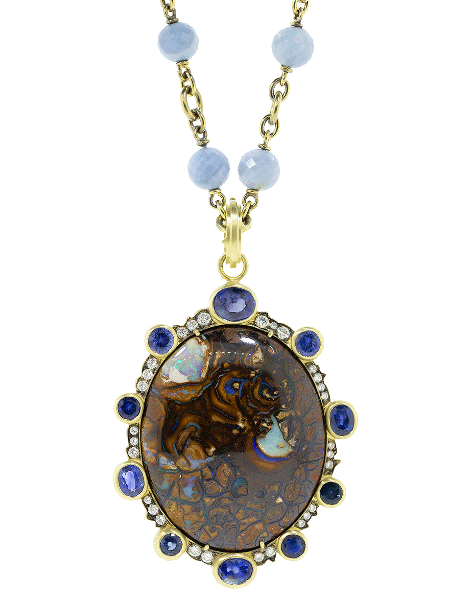 SYLVA & CIE-Round Brilliant Cut Diamonds and Mixed Sapphire Opal Pendant-YELLOW GOLD