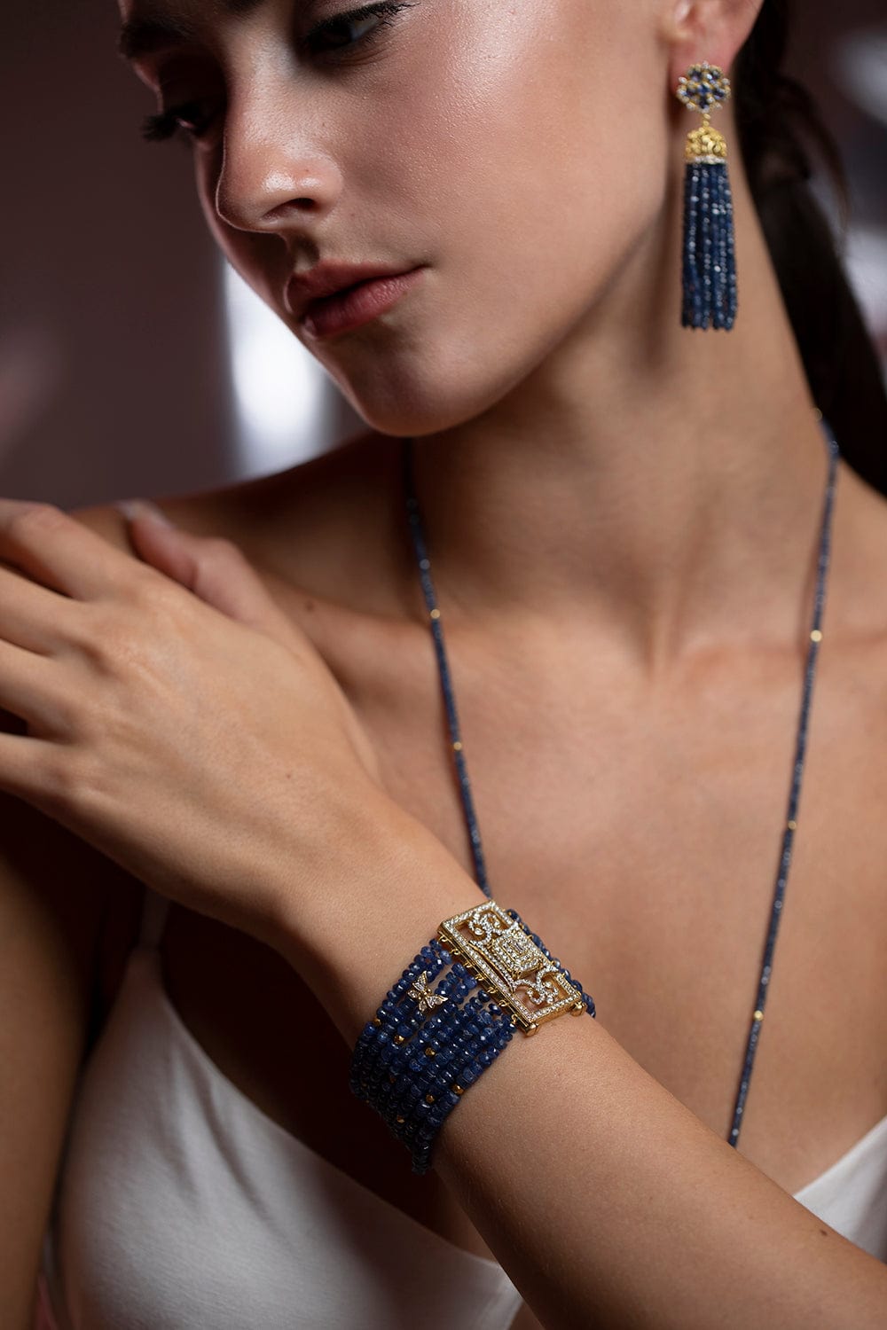 TANYA FARAH-Blue Sappphire Royal Couture Bead Bracelet-YELLOW GOLD