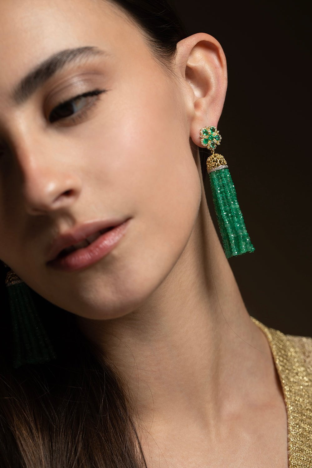 TANYA FARAH-Emerald Tassel Earrings-YELLOW GOLD