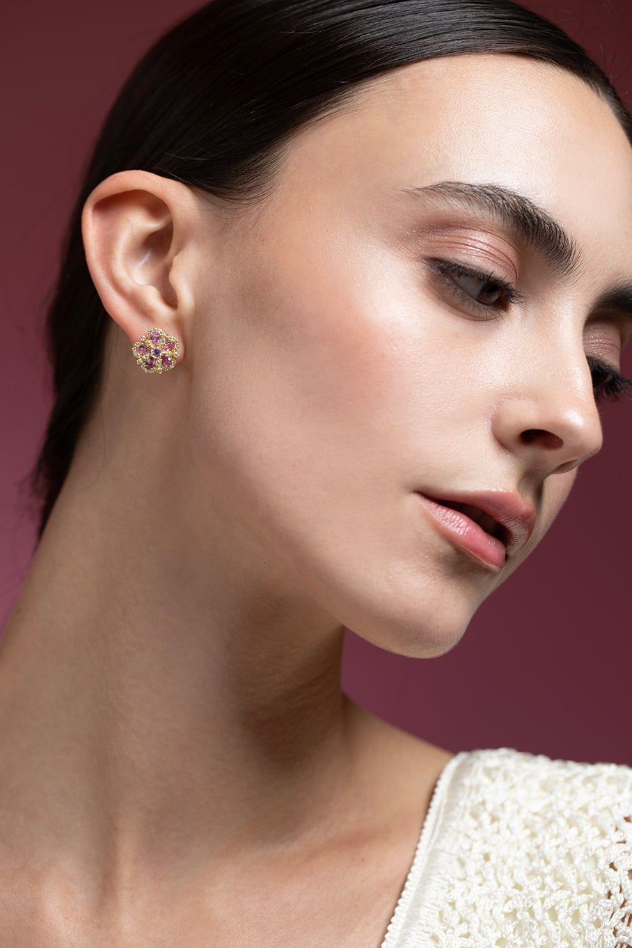 TANYA FARAH-Pink Sapphire and Diamond Flower Earrings-YELLOW GOLD