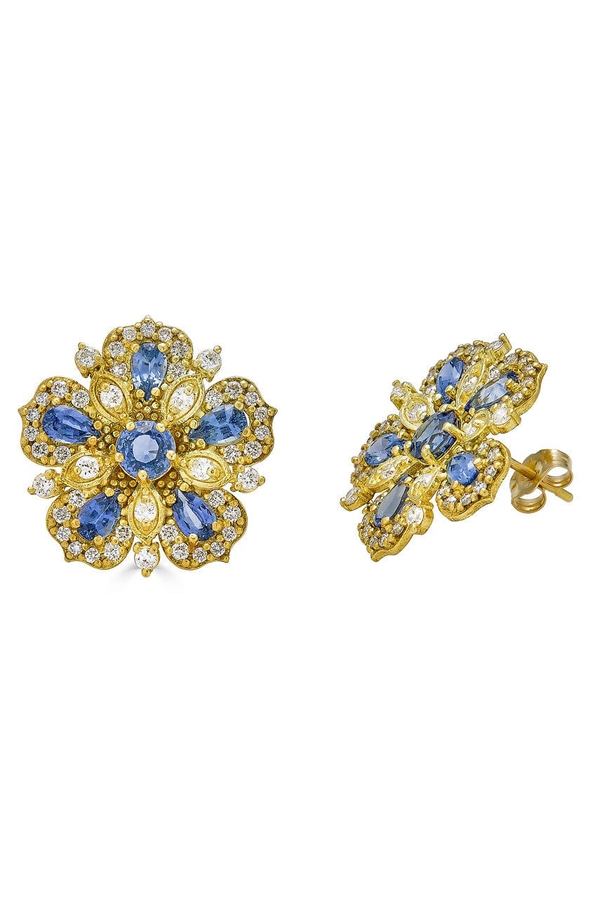 TANYA FARAH-Ceylon Sapphire and Diamond Flower Earrings-YELLOW GOLD