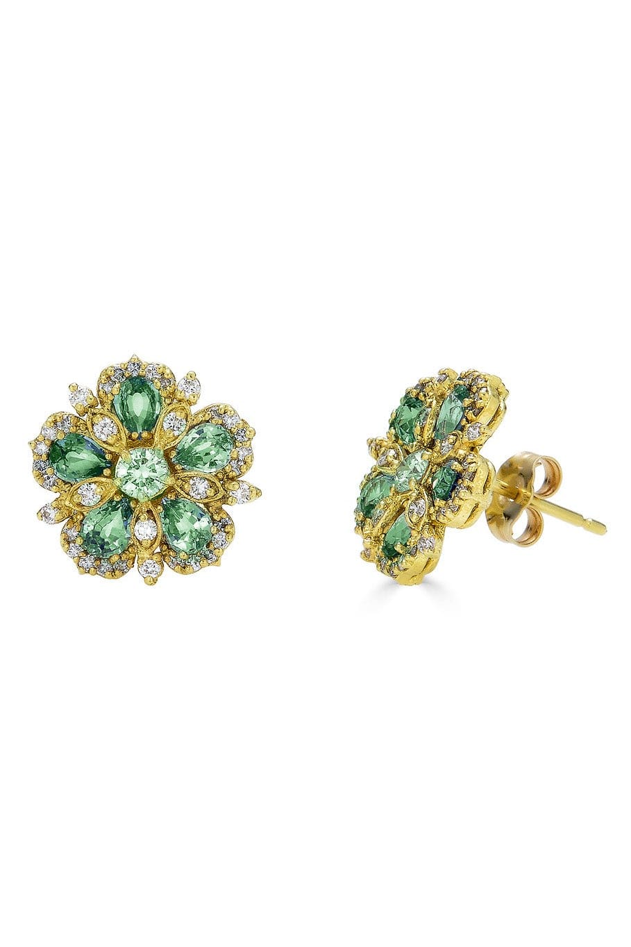 TANYA FARAH-Emerald and Diamond Flower Earrings-YELLOW GOLD